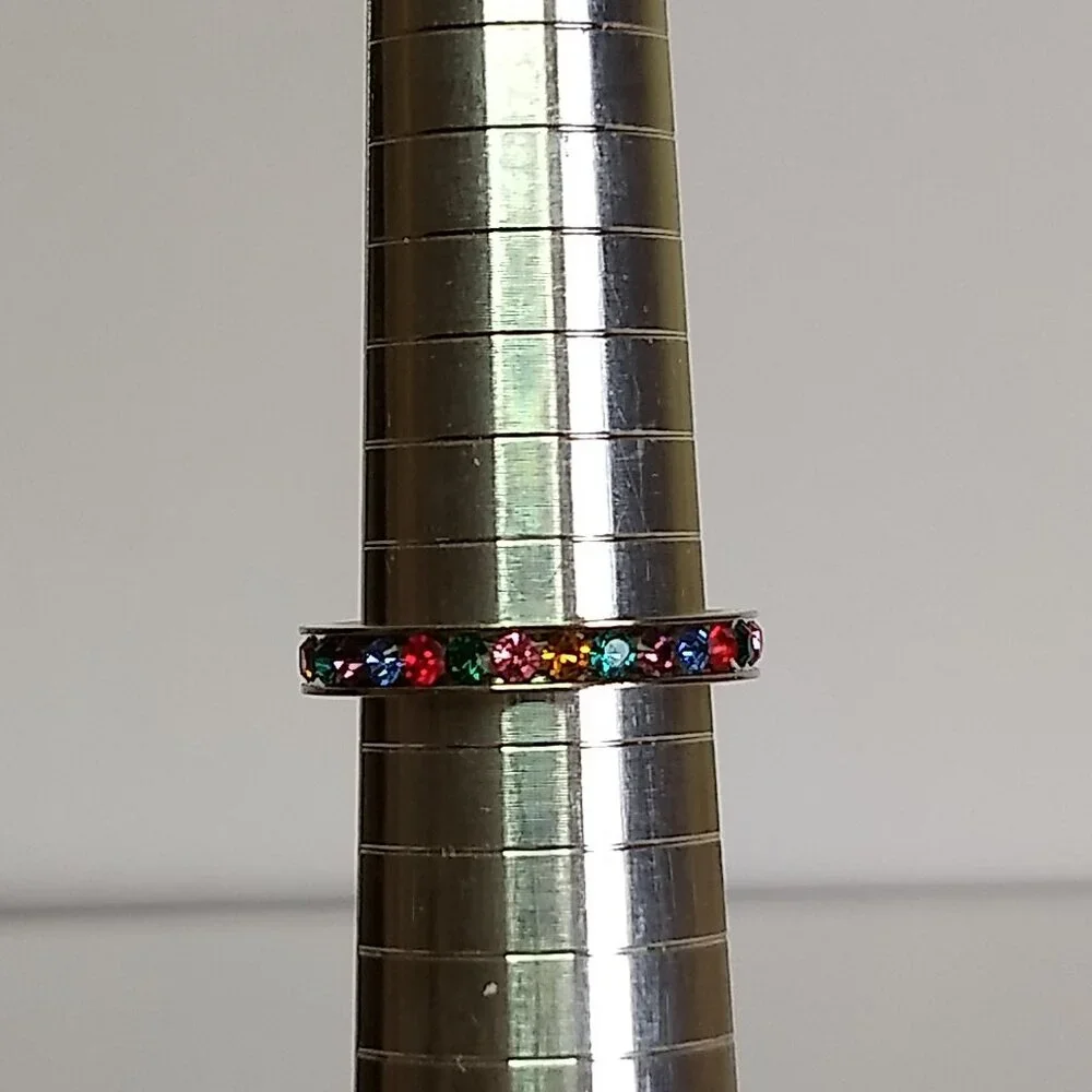 Silver Tone Multicolor Rainbow Stone Ring Band Marked ATI Taiwan Size 8 Colorful